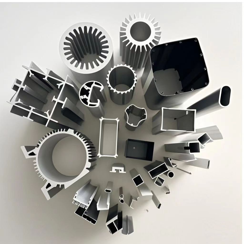 Assorted hollow, round, channel and finned aluminum extrusion section samples