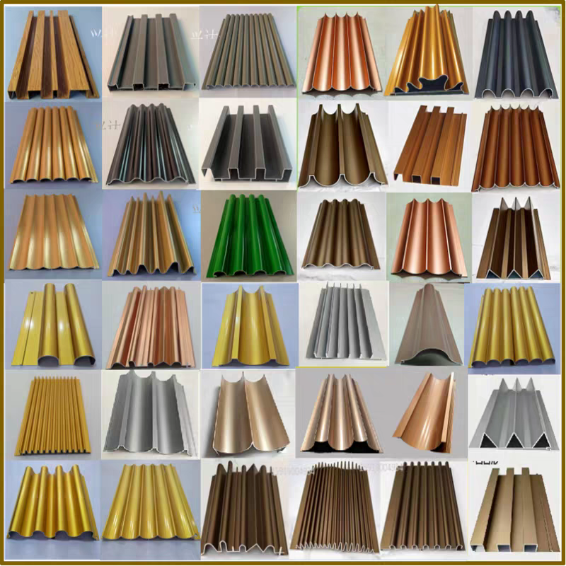 A selection of fluted, ribbed and wave-shaped decorative aluminum profiles in multiple finishes