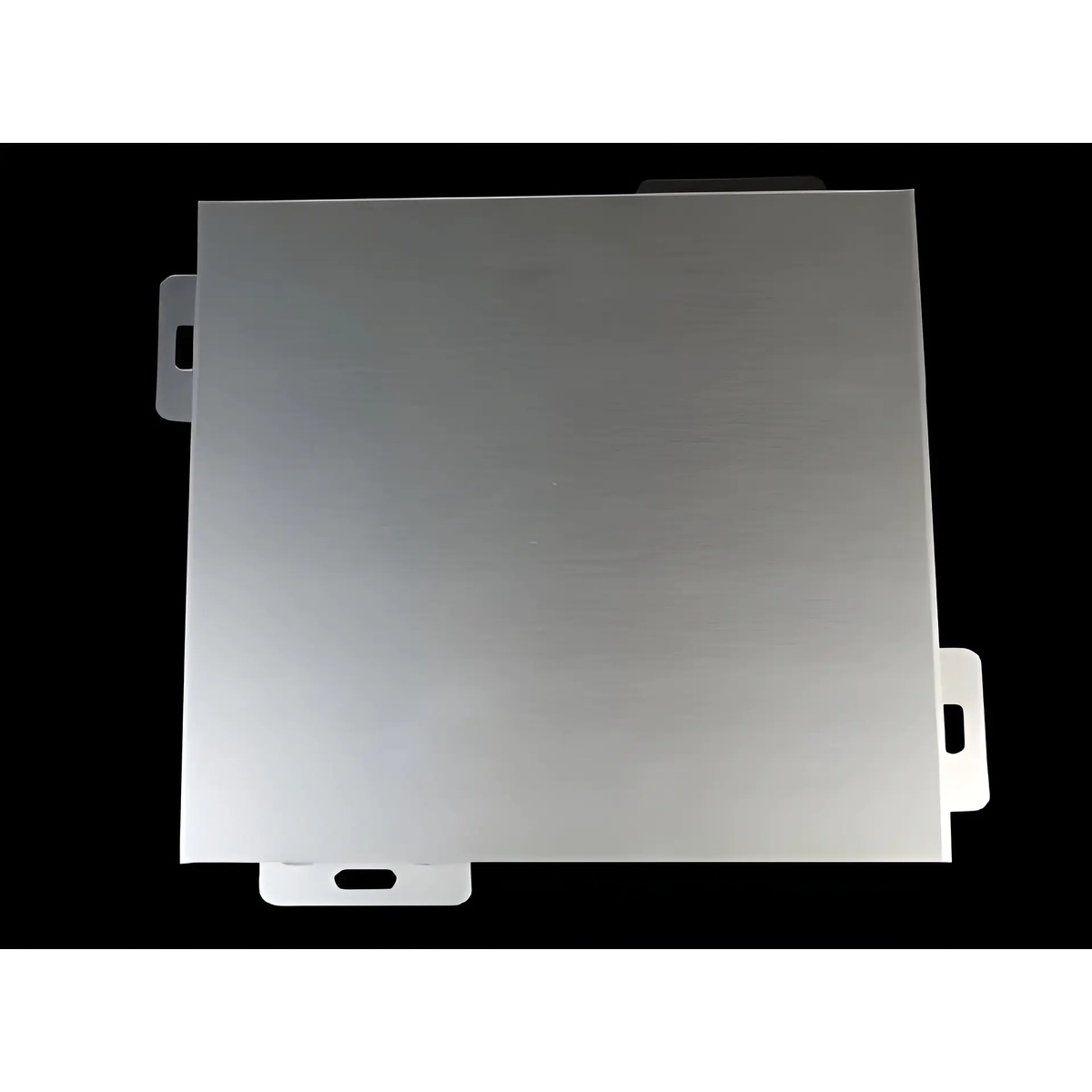 Grey folded panel with perimeter fixing tabs against a dark background