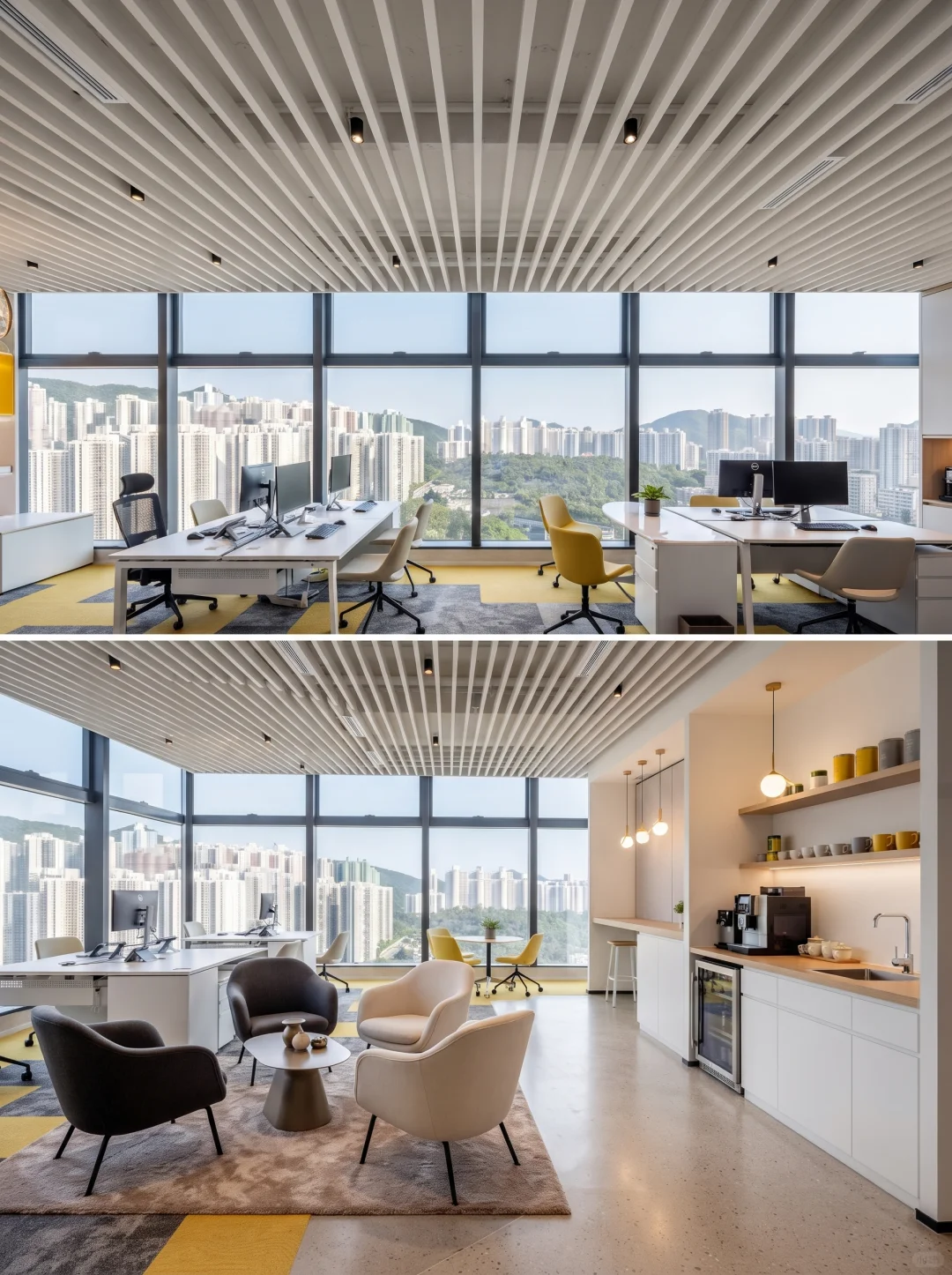 Office workspace and lounge with white linear aluminum baffle ceilings and integrated lighting