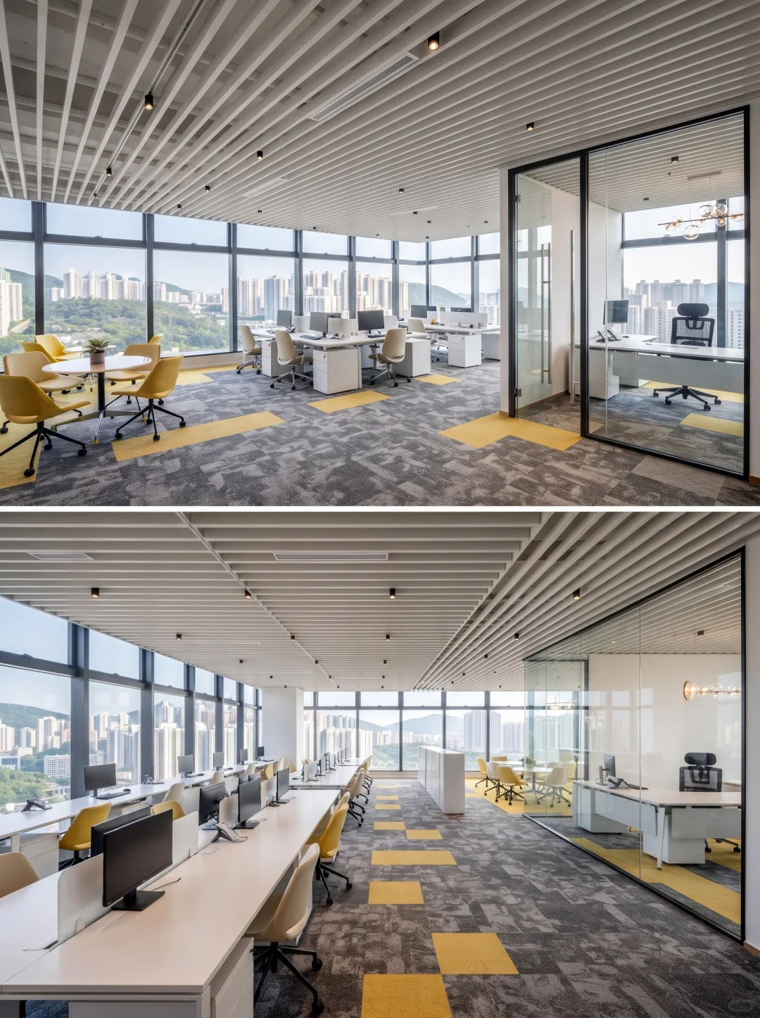 Open-plan office with white linear baffle ceilings above workstations and glass-partitioned rooms