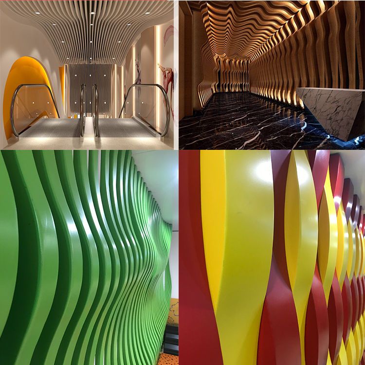 Four design references showing light-colored and wood-look wave ceilings and green and multicolored curved wall baffles