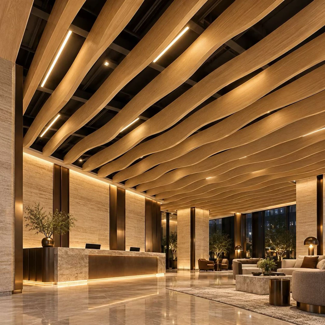 Hotel lobby with a flowing wood-grain curved baffle ceiling and warm integrated lighting