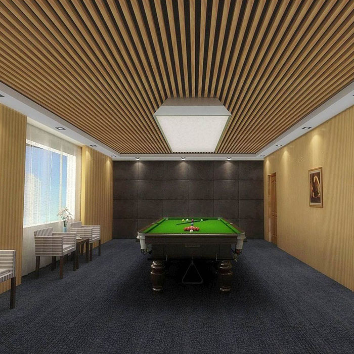 Woodgrain linear baffle ceiling above a billiards room