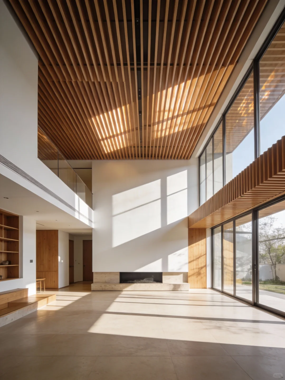 Double-height living room with wood-look linear ceiling baffles and large windows