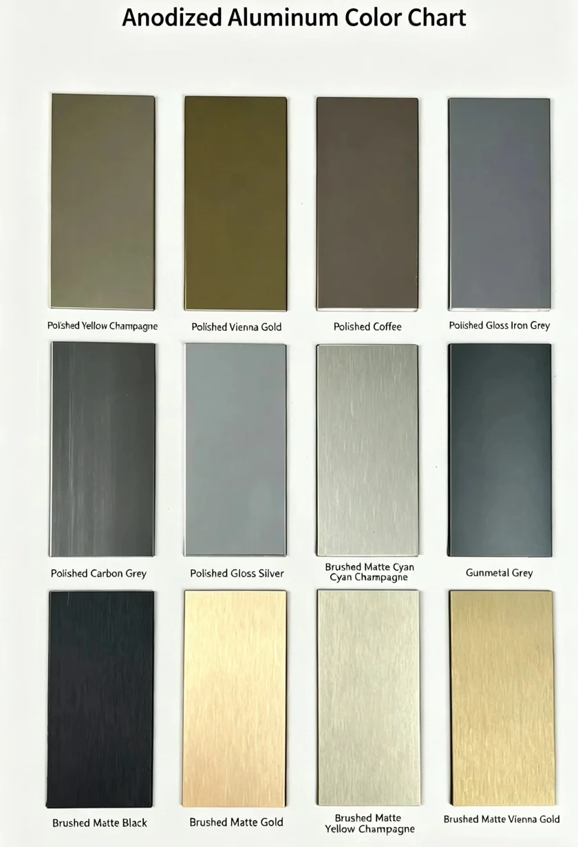 Supplied anodized aluminum color reference chart 2, showing metallic colors and surface effects