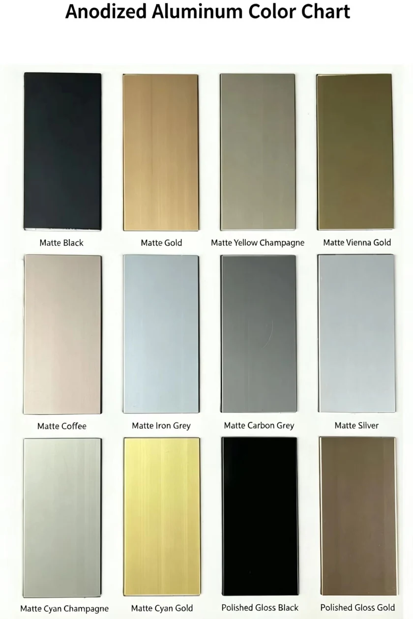 Supplied anodized aluminum color reference chart 1, showing metallic colors and surface effects