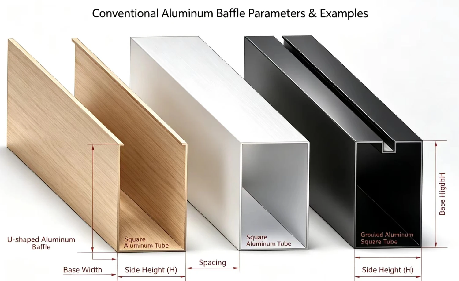Supplied comparison illustration of an open U-shaped aluminum baffle, square tube and grooved square tube