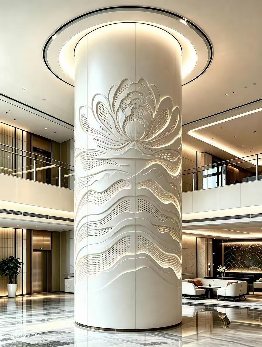 AI-generated design reference showing a white cylindrical column with sculpted floral and perforated wave details in a hotel-style lobby