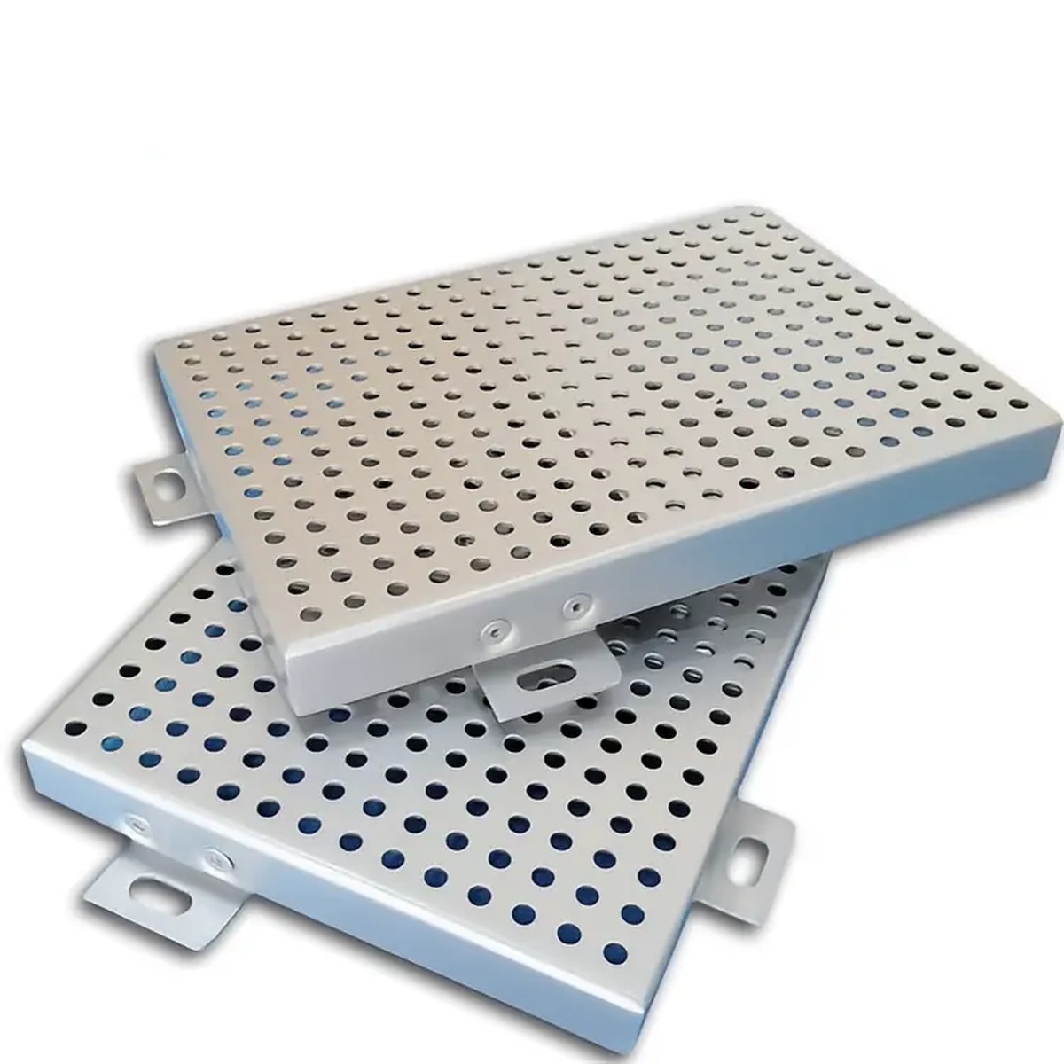 Perforated folded metal panels with perimeter mounting tabs