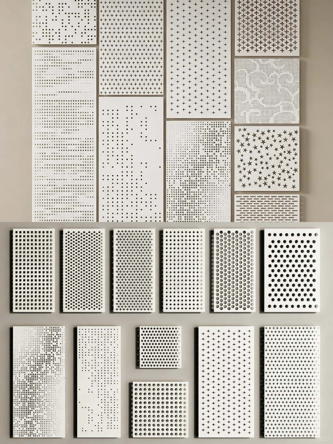 Perforated aluminum panel pattern samples with round, square, cross, star and gradient openings