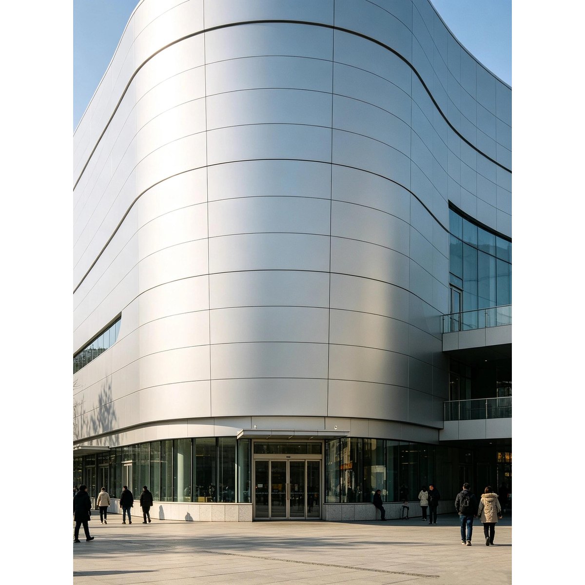 Rounded exterior facade with horizontal and vertical panel joints