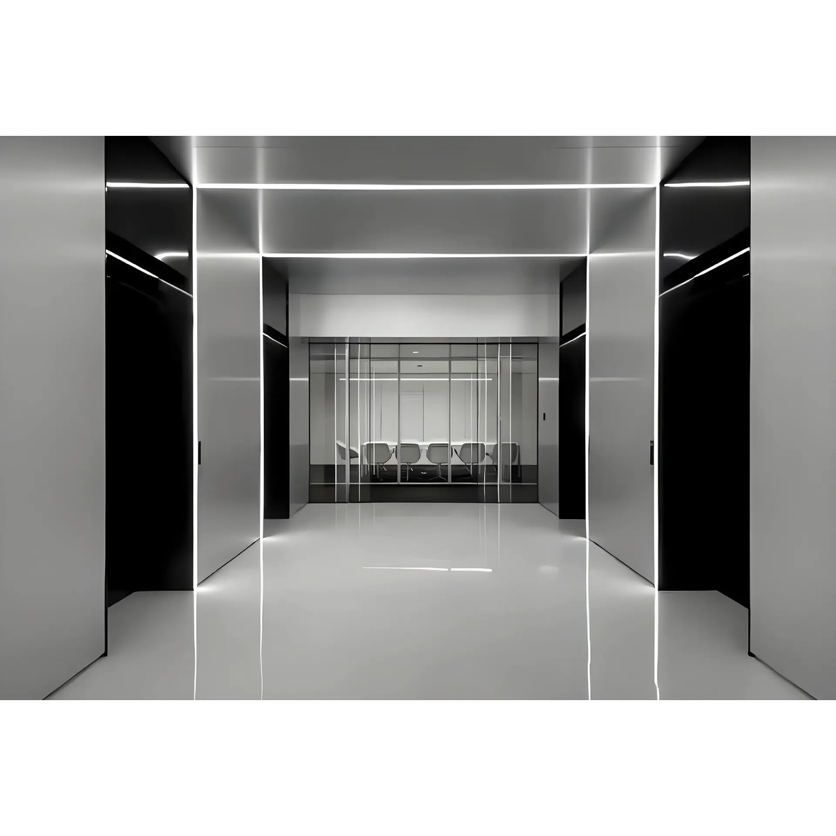 Interior passage lined with dark metallic wall panels