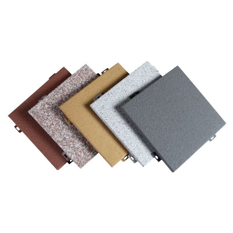 Five overlapping aluminum panel samples with stone-effect finishes in reddish brown, speckled pink, beige, white and dark gray