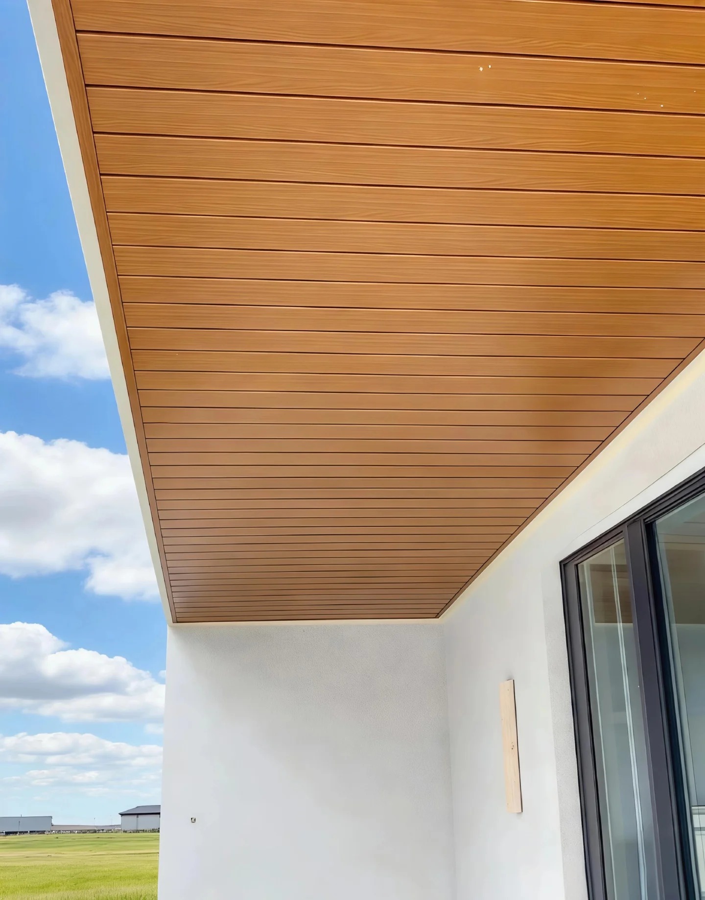 Wood-look linear soffit panels beneath an exterior roof overhang beside a white wall and glazing