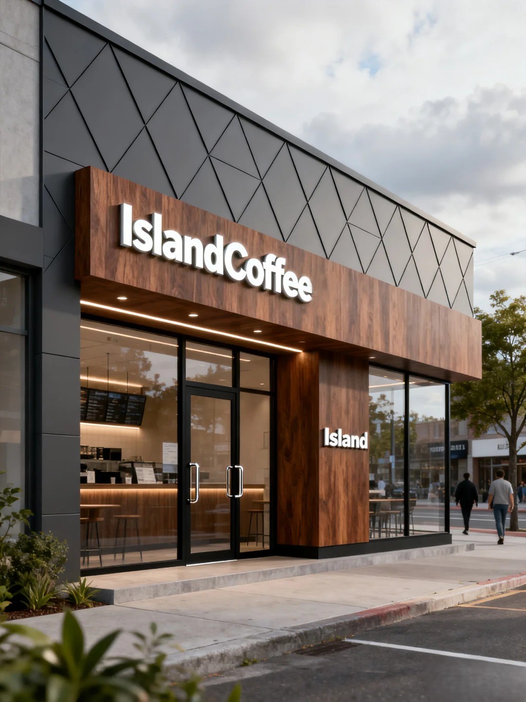 Cafe entrance with wood-look fascia and column cladding beneath dark gray triangular facade panels