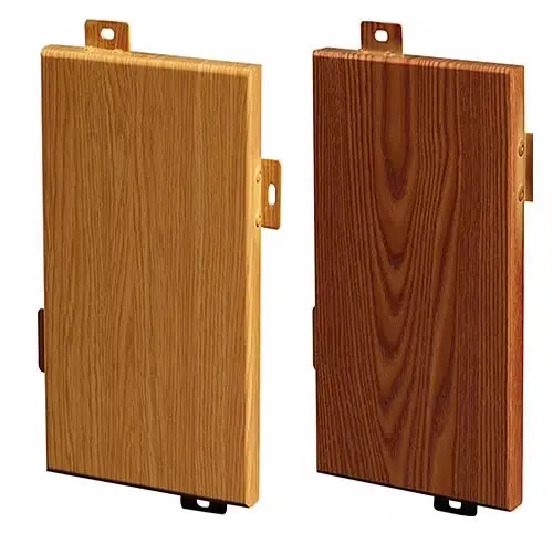 Two wood-grain finished aluminum panel samples with folded edges and mounting tabs